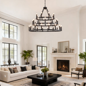 English Elm 39.37 Inch Three Tier Wagon Wheel Chandelier 36 Light Black Metal for High Ceilings W5008P392646