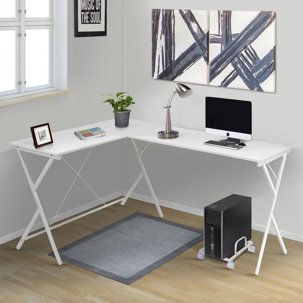 English Elm White L-shaped Corner Desk with Rolling CPU Holder, X-Frame Metal Base, Spacious Dual Work Surfaces B062P184555