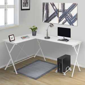 English Elm White L-shaped Corner Desk with Rolling CPU Holder, X-Frame Metal Base, Spacious Dual Work Surfaces B062P184555