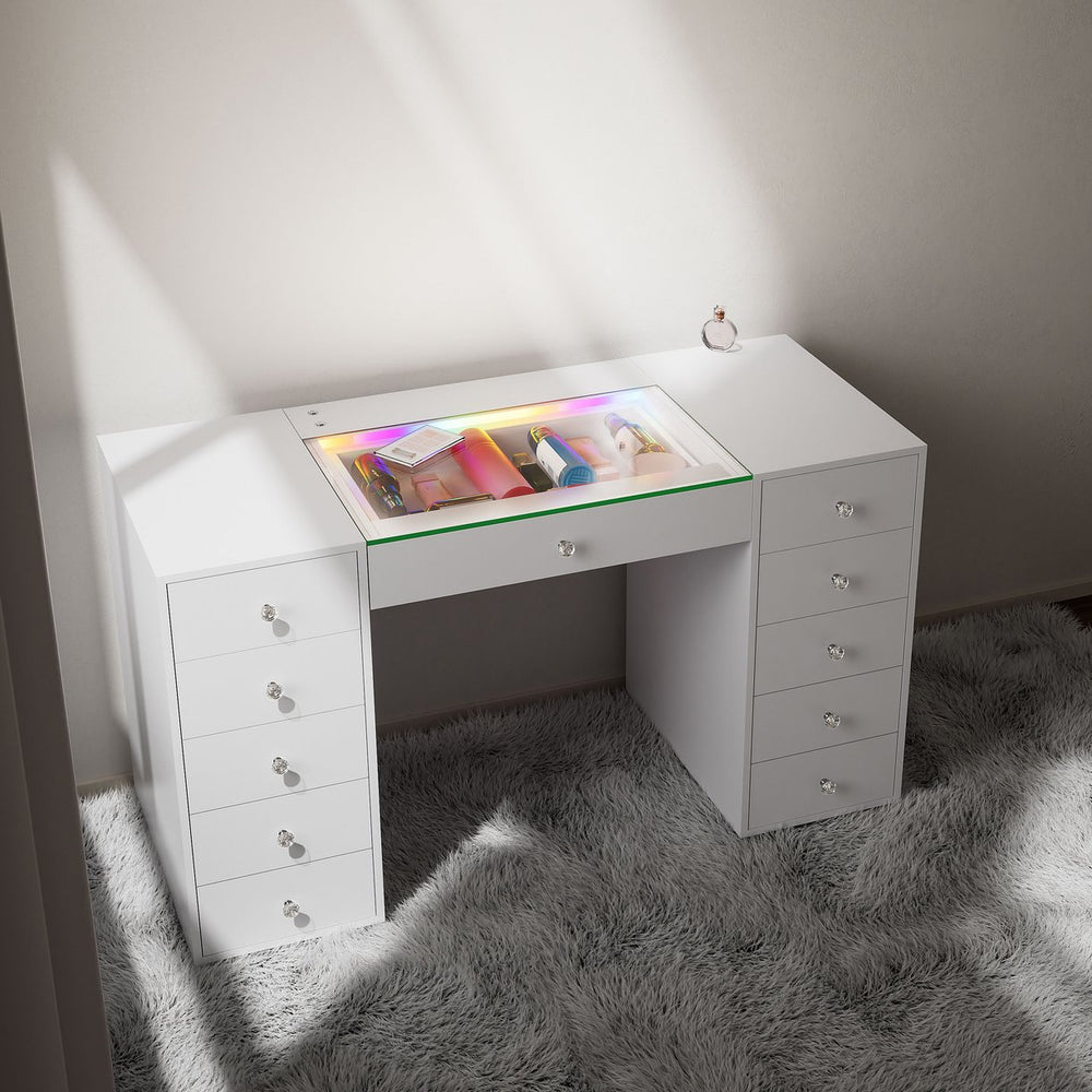English Elm 51.2" Vanity Desk Modern Glass Top with RGB Strip, 11 Drawers, Smart Touch, 6-Mode LED Ambiance W3660S00002
