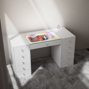 English Elm 51.2" Vanity Desk Modern Glass Top with RGB Strip, 11 Drawers, Smart Touch, 6-Mode LED Ambiance W3660S00002