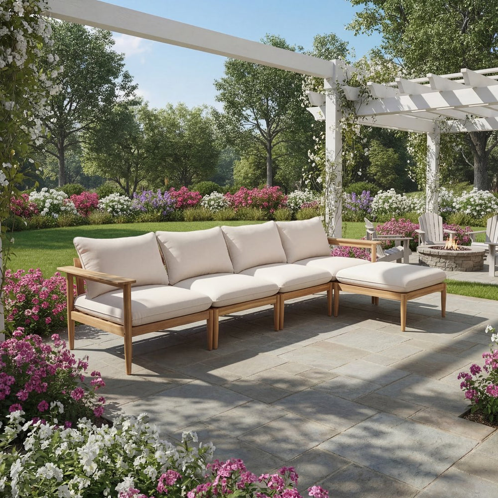 English Elm Terassi Solid Acacia Outdoor Sectional with Teak Finish and Plush Beige Cushions TERASSI L-SHAPE SOFA
