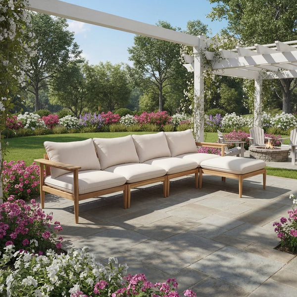 English Elm Terassi Solid Acacia Outdoor Sectional with Teak Finish and Plush Beige Cushions TERASSI L-SHAPE SOFA