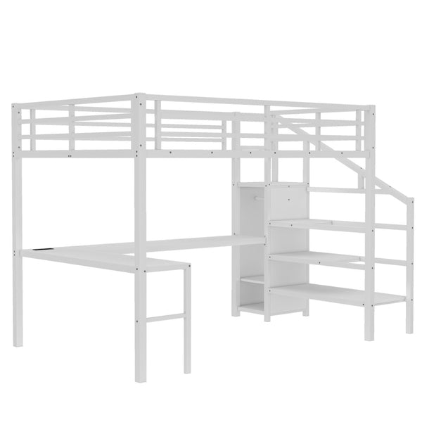 English Elm Queen Size Loft Bed With L-Shaped Desk, Usb Port & Led Lights - Stylish Space-Saving Solution For All W1580S00124-GIGA