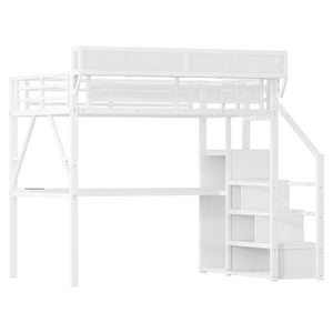 English Elm Full Loft Bed with Desk and Charging Station, Metal Loft with Stairs, Wardrobe, Shelves & Light White W2580S00046