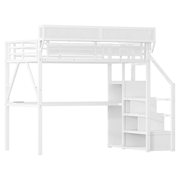 English Elm Full Loft Bed with Desk and Charging Station, Metal Loft with Stairs, Wardrobe, Shelves & Light White W2580S00046