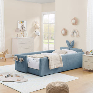 English Elm Twin Upholstered Platform Bed with Rabbit Ear Headboard, Safety Rail & Pocket, Bouclé Sofa Bed Design Baby Blue W1413P307371