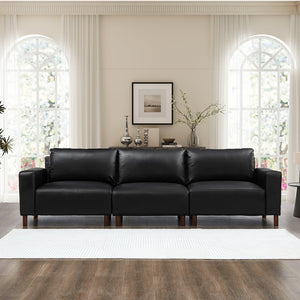 English Elm 112" Mid-century Faux Leather Three-seat Sofa with Rubberwood Legs for Living Room Black W1097S00255