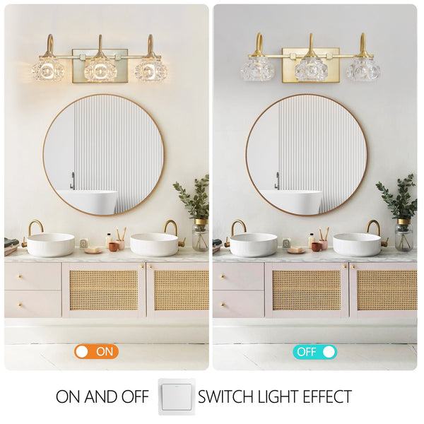 English Elm 17" Modern Crystal Bathroom Vanity Light - 3-Light Gold Wall Sconce with Clear Glass Shades, Elegant Hard-Wired Fixture W2312P374823