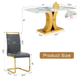 English Elm Table Luxurious 9-Piece Dining Set With Patterned Glass Top And Golden Legs, 8 Dark Gray Pu Chairs W1151S03236-GIGA