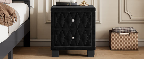 English Elm Elegant Velvet Upholstered Nightstand with Crystal Knobs Tufted Glam Bedside Storage Black N733P210398B