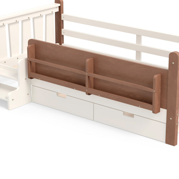 English Elm Twin Pine Floor Bed with Guardrails Built-in Bookcases and Stair Steps for Kids Beige W1580P430199