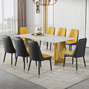 English Elm Table 9-Piece Dining Set With Glass Top, Gold Stainless Steel Legs & Orange/Dark Gray Chairs For Elegance W1151S04360-GIGA
