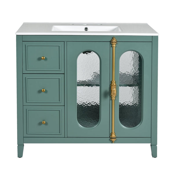 English Elm 36-inch Modern Bathroom Vanity Pine Frame Ceramic Sink 3 Drawers Glass Door Cabinet N710P223192F