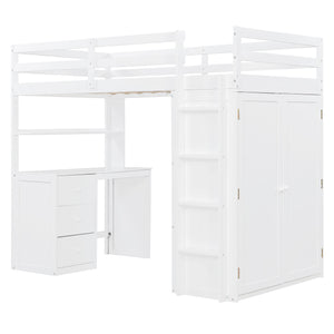 English Elm Twin Loft Bed with Built-in Desk Wardrobe and Drawers Solid Pine Space Saver White LT000301AAK-2