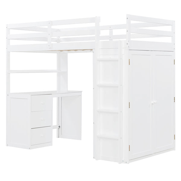 English Elm Twin Loft Bed with Built-in Desk Wardrobe and Drawers Solid Pine Space Saver White LT000301AAK-2