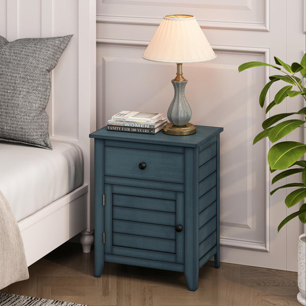 English Elm Antique Key West End Table with Drawer & Shelf, X-Pattern Coastal Farmhouse Accent Table for Lamps Antique Blue W869P372340