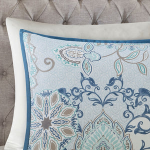 English Elm Full/Queen Isla 3-Piece Cotton Reversible Duvet Cover Set – OEKO-TEX Botanical Floral Medallion Design, Button Closure, Corner Ties B035129161