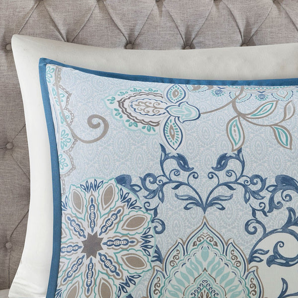 English Elm Full/Queen Isla 3-Piece Cotton Reversible Duvet Cover Set – OEKO-TEX Botanical Floral Medallion Design, Button Closure, Corner Ties B035129161