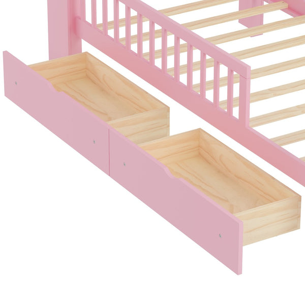 English Elm Twin Size Bed With Pink Finish, Headboard Storage, Under-Bed Drawers & Guardrails For Kids' Safety N733P272374H-GIGA