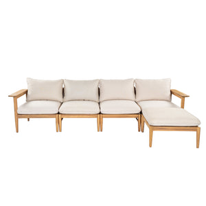 English Elm Terassi Solid Acacia Outdoor Sectional with Teak Finish and Plush Beige Cushions TERASSI L-SHAPE SOFA