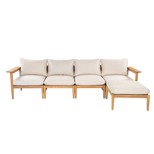 English Elm Terassi Solid Acacia Outdoor Sectional with Teak Finish and Plush Beige Cushions TERASSI L-SHAPE SOFA
