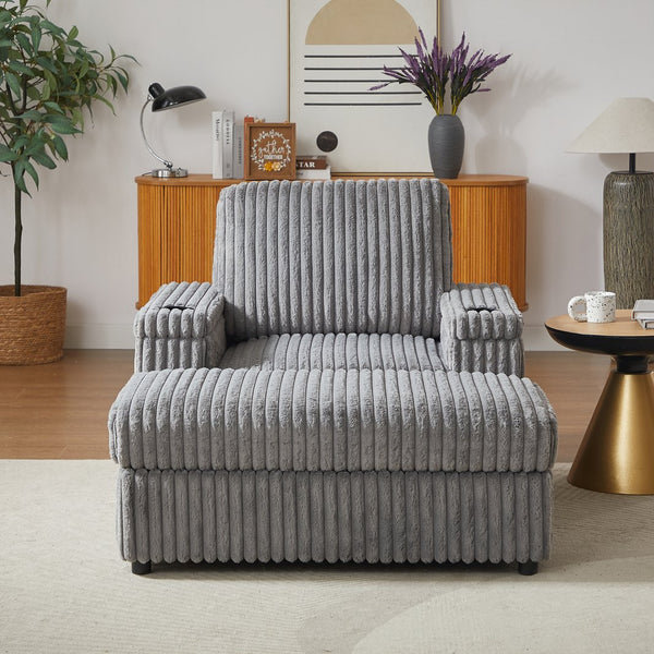 English Elm 42.5-inch corduroy single recliner with cup holder, storage ottoman, plush back pillow for lounging Grey W834P375123