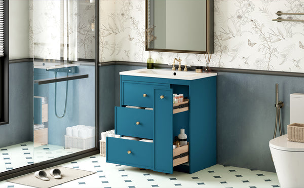 English Elm 30'' Modern Bathroom Vanity With Ceramic Sink, Durable Blue Finish & Ample Storage For Essentials N710P228374C