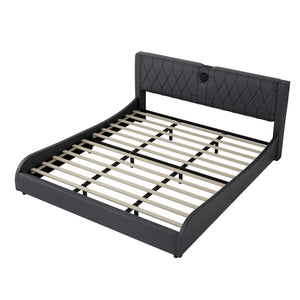 English Elm King Luxurious Faux Leather Upholstered Platform Bed with Storage Headboard, Bluetooth Speakers & RGB Lights Black 78.35 L x 19.69 W x 12.99 H N701P241048B