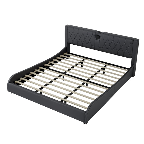 English Elm King Luxurious Faux Leather Upholstered Platform Bed with Storage Headboard, Bluetooth Speakers & RGB Lights Black 78.35 L x 19.69 W x 12.99 H N701P241048B