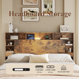 English Elm Wood Queen Platform Bed Bookcase Headboard with Led Lighting and Charging Station W636P444678