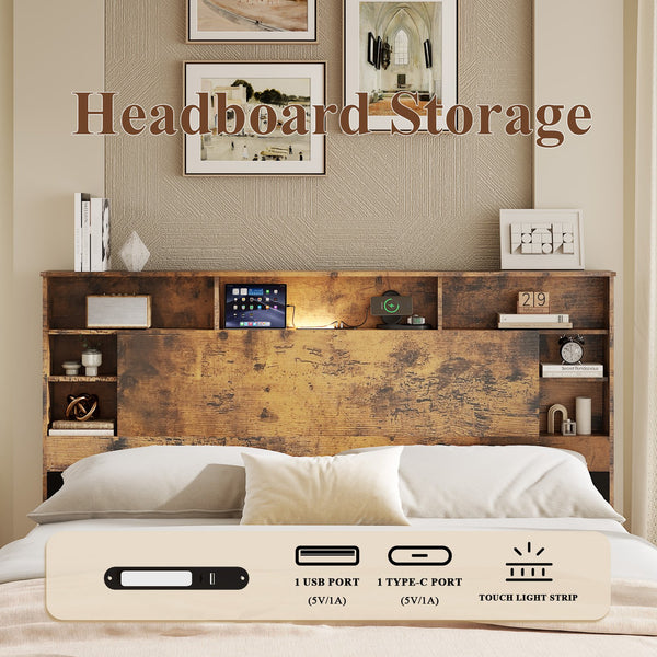 English Elm Wood Queen Platform Bed Bookcase Headboard with Led Lighting and Charging Station W636P444678