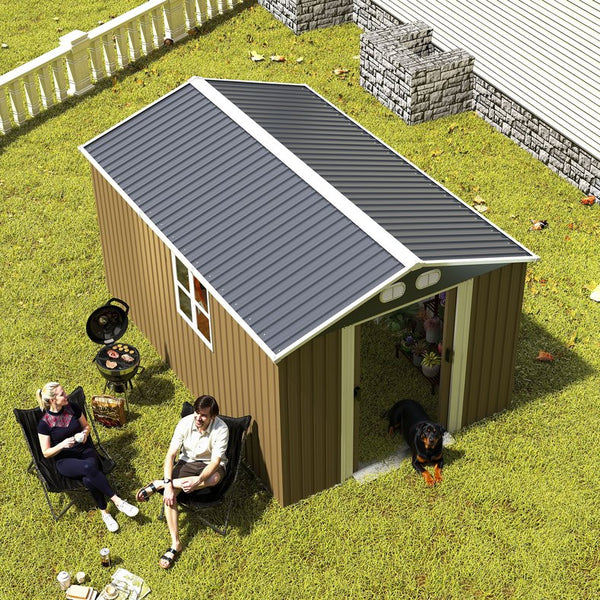 English Elm Campcraft 8x12 Outdoor Metal Storage Shed Lockable Weatherproof Backyard Tool House Brown W1598S00043