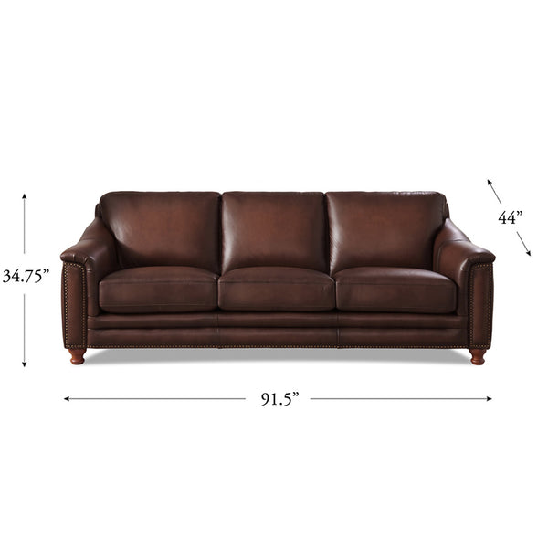English Elm Belfast Curved Top Grain Leather Sofa with Tufted Sides, Nailhead Trim & Sloping Arms — Elegant Seating B2705P326228