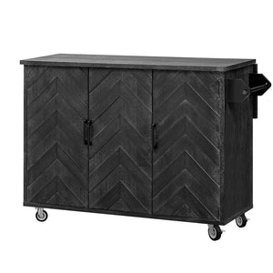 English Elm K&K Farmhouse Kitchen Island with 3D Wave Stripes Ash Veneer, Drop Leaf, Rolling Cart Storage Black N707P207915B