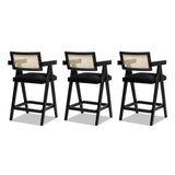 English Elm Milan 25.5" Modern Resin Webbing Back Bar Stool With Arms, Set Of 3, Ebony Black Boucle