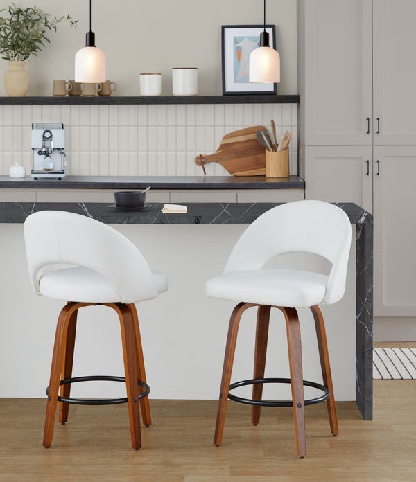 English Elm Fixed-height Swivel Counterstools Faux Leather Padded Seat Chrome Footrest Set of 2 White B202S01845