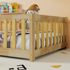 English Elm Twin Size Floor Bed With Safety Fence And Door – Eco-Friendly Rubber Wood, Low-Profile Design For Kids W504P286374-GIGA