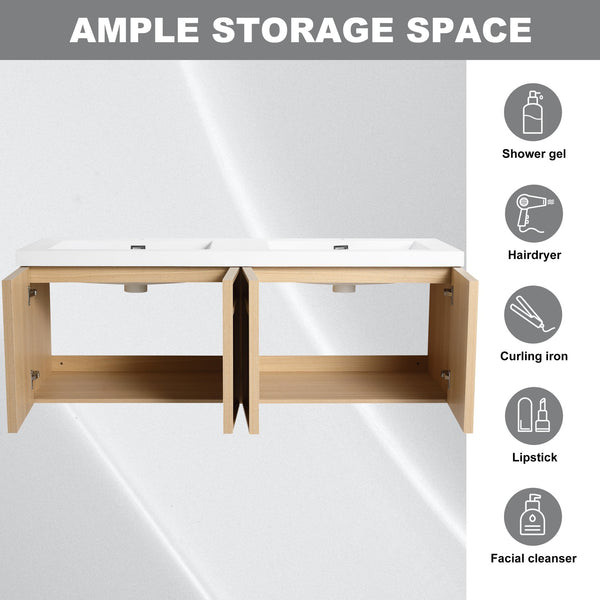English Elm 60" 60" Wall-Mounted Bathroom Vanity with Double Resin Sink, 4 Soft-Closing Doors, Oak Finish W1972P315223