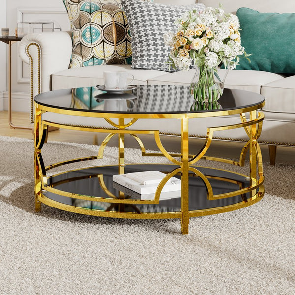 English Elm Round Tempered Glass Coffee Table with Gold Geometric Metal Base and Open Storage Shelf Black N735P396530B