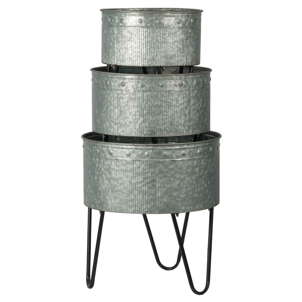 English Elm Set of 3 Galvanized Metal Planters with Black Hairpin Legs Industrial Trio W2078P323442