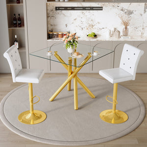 English Elm Modern Glass Pub Set with Gold Chrome Base and White Swivel Stools for Home Bar W3875S00036