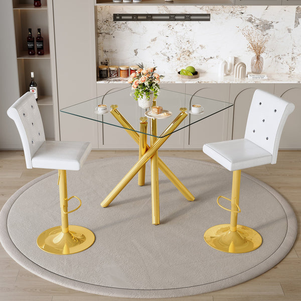 English Elm Modern Glass Pub Set with Gold Chrome Base and White Swivel Stools for Home Bar W3875S00036