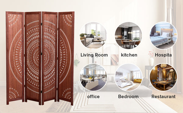 English Elm 55.2'' Solid Wood 4-Panel Folding Room Divider - Stylish Brown Privacy Screen For Any Space B205P241658