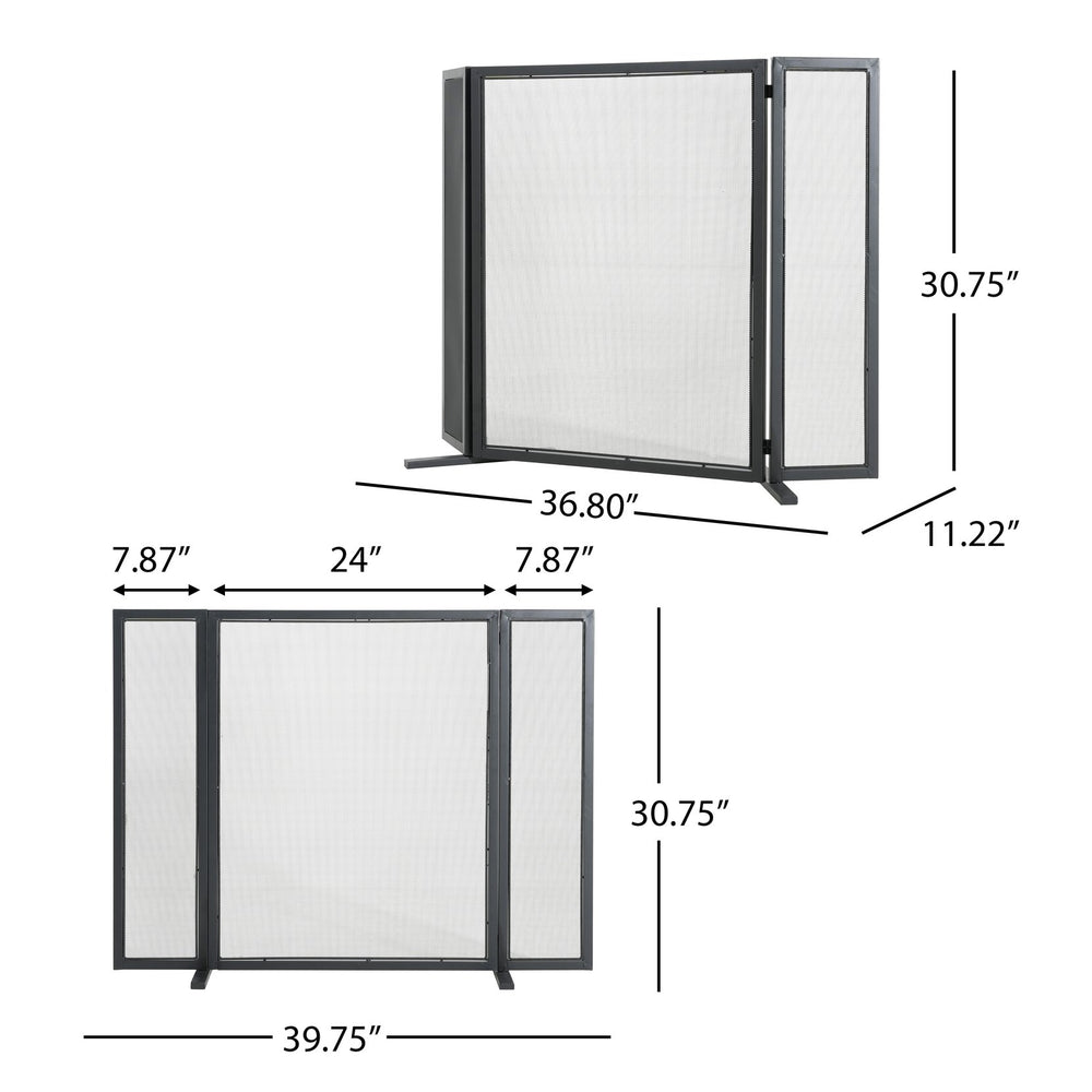 English Elm Quiana Three Panel Wrought Iron Hearth Screen Matte Black Mesh for Modern Loft Decor N775P386892B