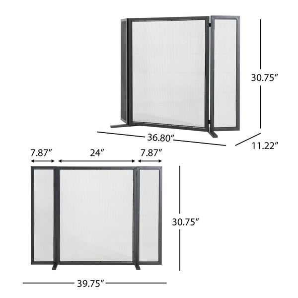 English Elm Quiana Three Panel Wrought Iron Hearth Screen Matte Black Mesh for Modern Loft Decor N775P386892B