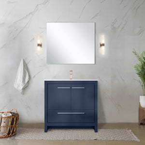 English Elm Navy Blue Bath Vanity 36” W With Cultured Marble Top, Soft-Close Drawers & Rose Gold Faucet Set B2731P259353