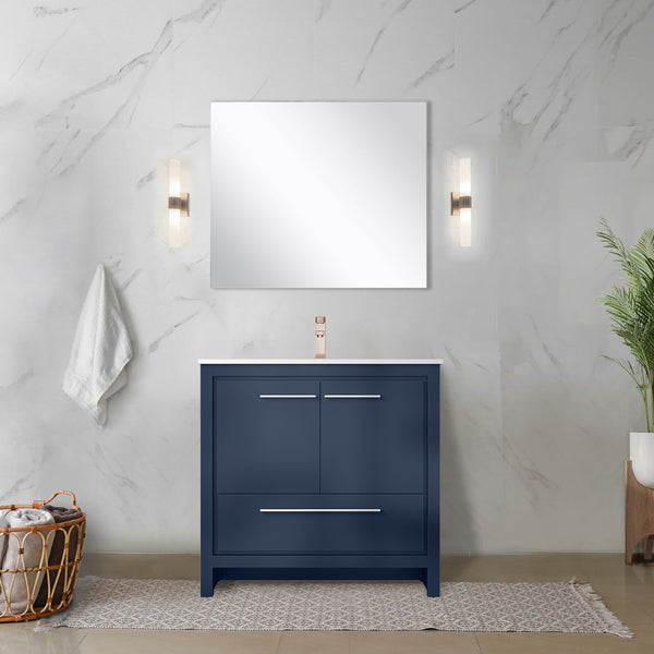 English Elm Navy Blue Bath Vanity 36” W With Cultured Marble Top, Soft-Close Drawers & Rose Gold Faucet Set B2731P259353