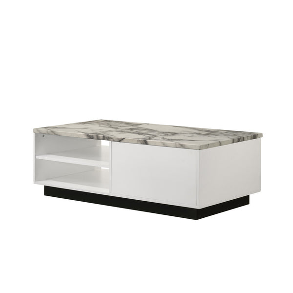 English Elm 47"w Faux Marble Coffee Table with Black Base Drawer and Open Shelf for Living Room B016P416195