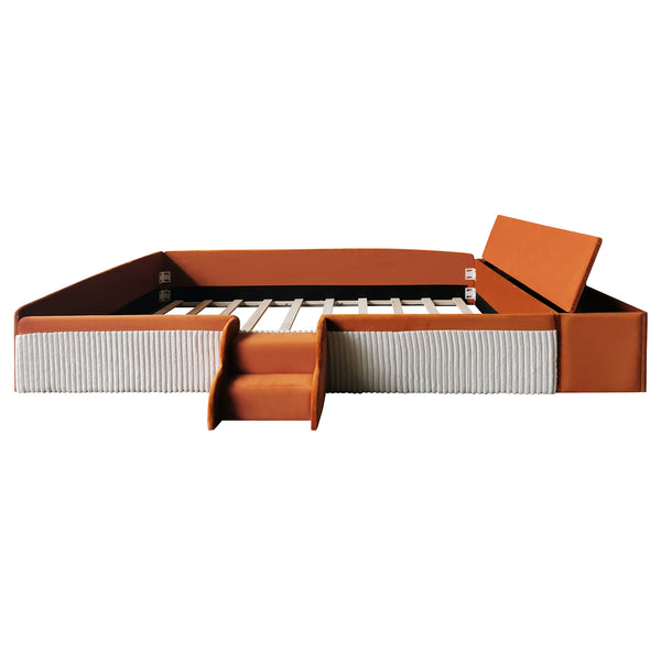 English Elm Full Size Kids Velvet Platform Daybed with Storage Ottoman Staircase Padded Rails Brown+White SF000202AAD